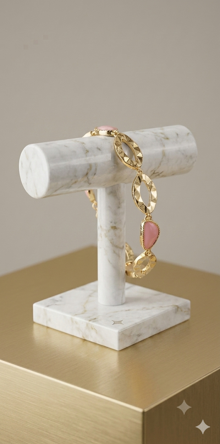 Gold Textured Oval & Pink Stone Bracelet